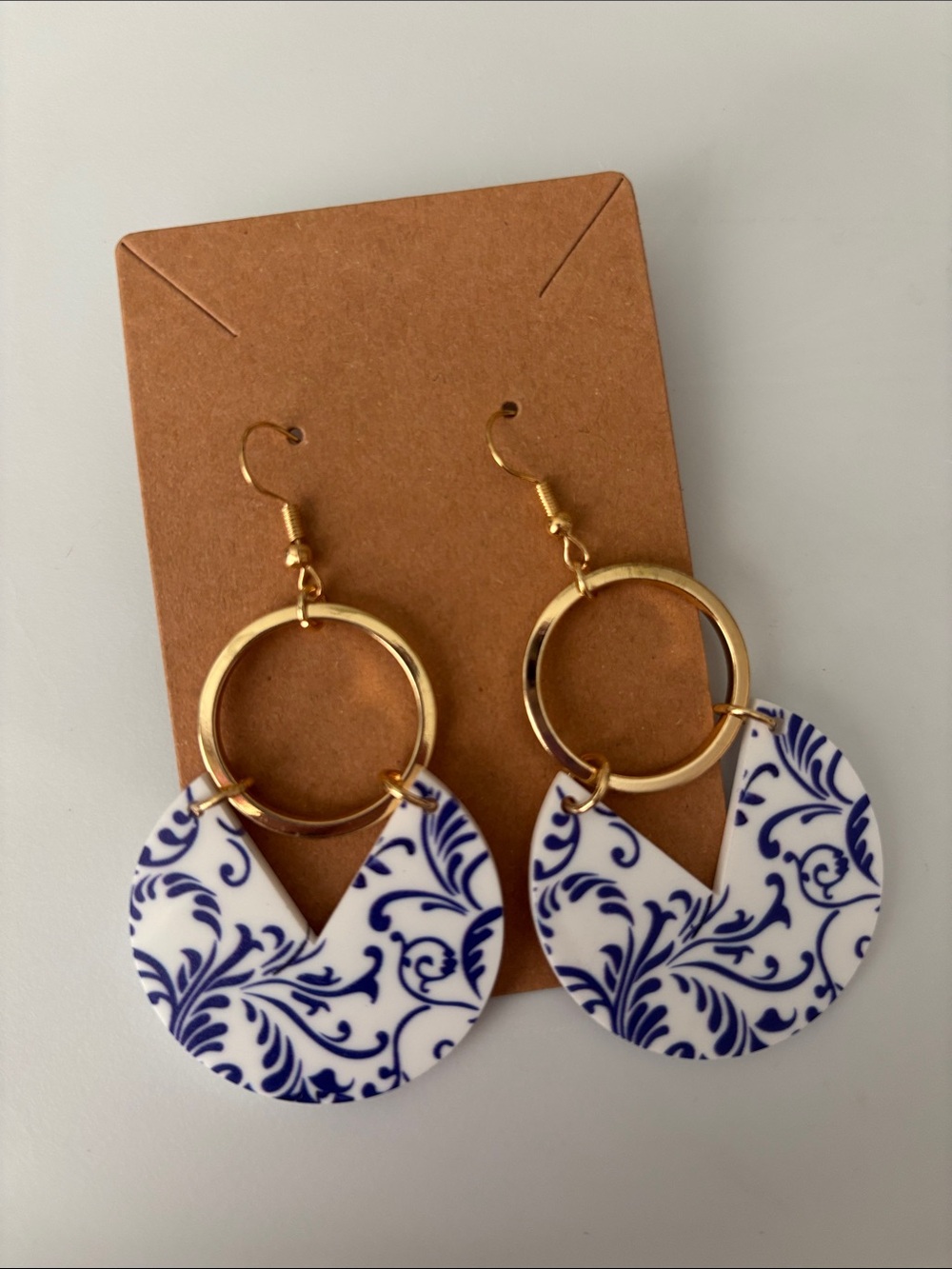 Fashion Jewelry Gold Hoops with Blue & White Filigree Drops